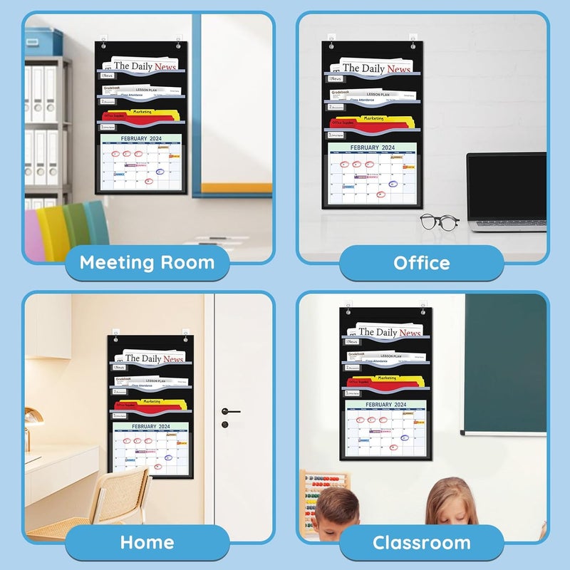 ALSLEA 4 Pockets Hanging Wall File Organizer 15" Extra Wide Pocket Chart for Classroom, Office, Home, Mail Organizer Wall Mounted with 1 Writable Clear Pocket, 5 Wall/ Door Hooks & 12 Labels (Black) - Image 5